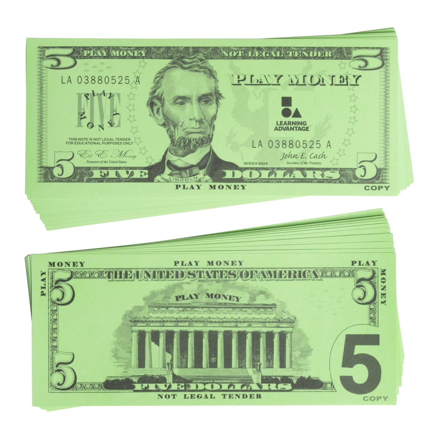 LEARNING ADVANTAGE Five Dollar Play Bills – 100 Play Money Bills for Kids | Teach Counting & Math
