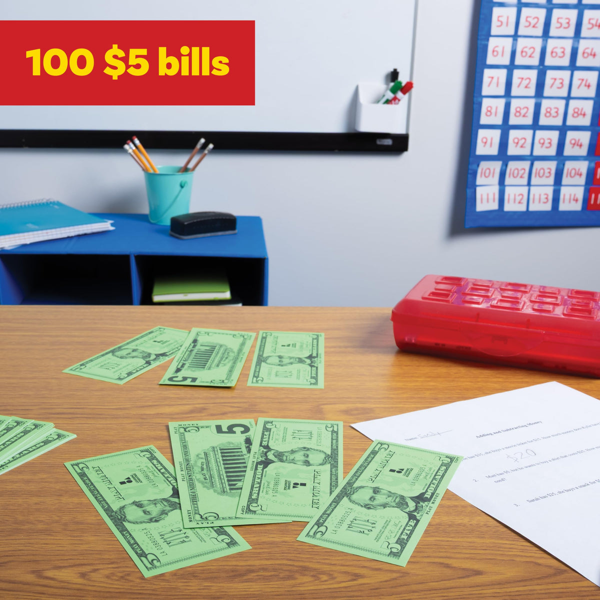 LEARNING ADVANTAGE Five Dollar Play Bills – 100 Play Money Bills for Kids | Teach Counting & Math