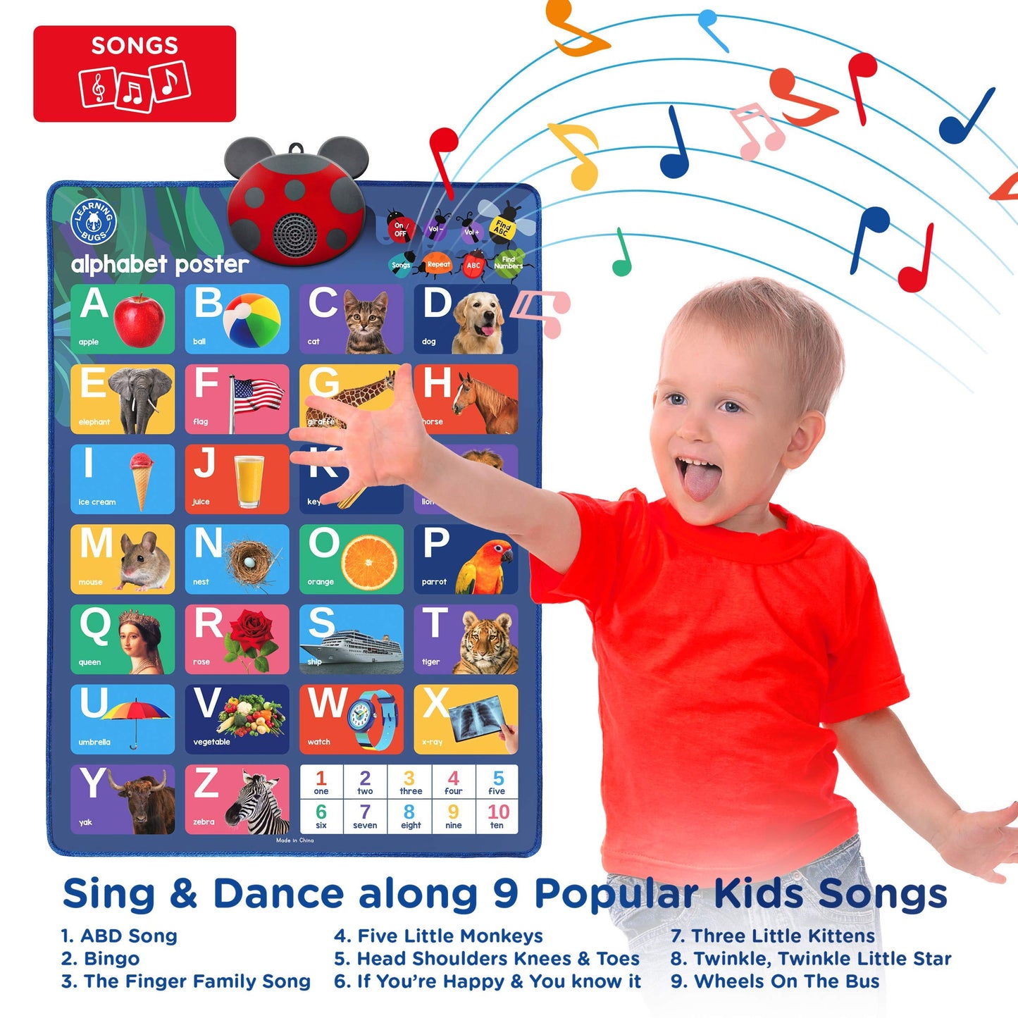 LEARNING BUGS Interactive ABC & 123s Talking Poster – Musical Wall Chart for Toddlers
