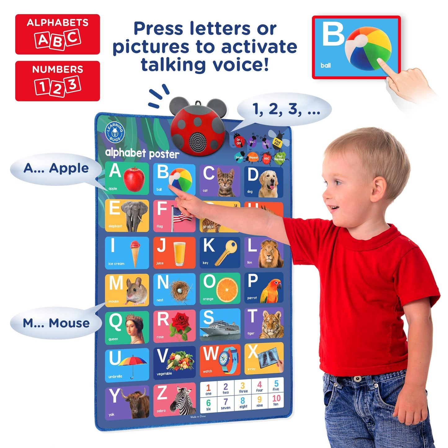 LEARNING BUGS Interactive ABC & 123s Talking Poster – Musical Wall Chart for Toddlers