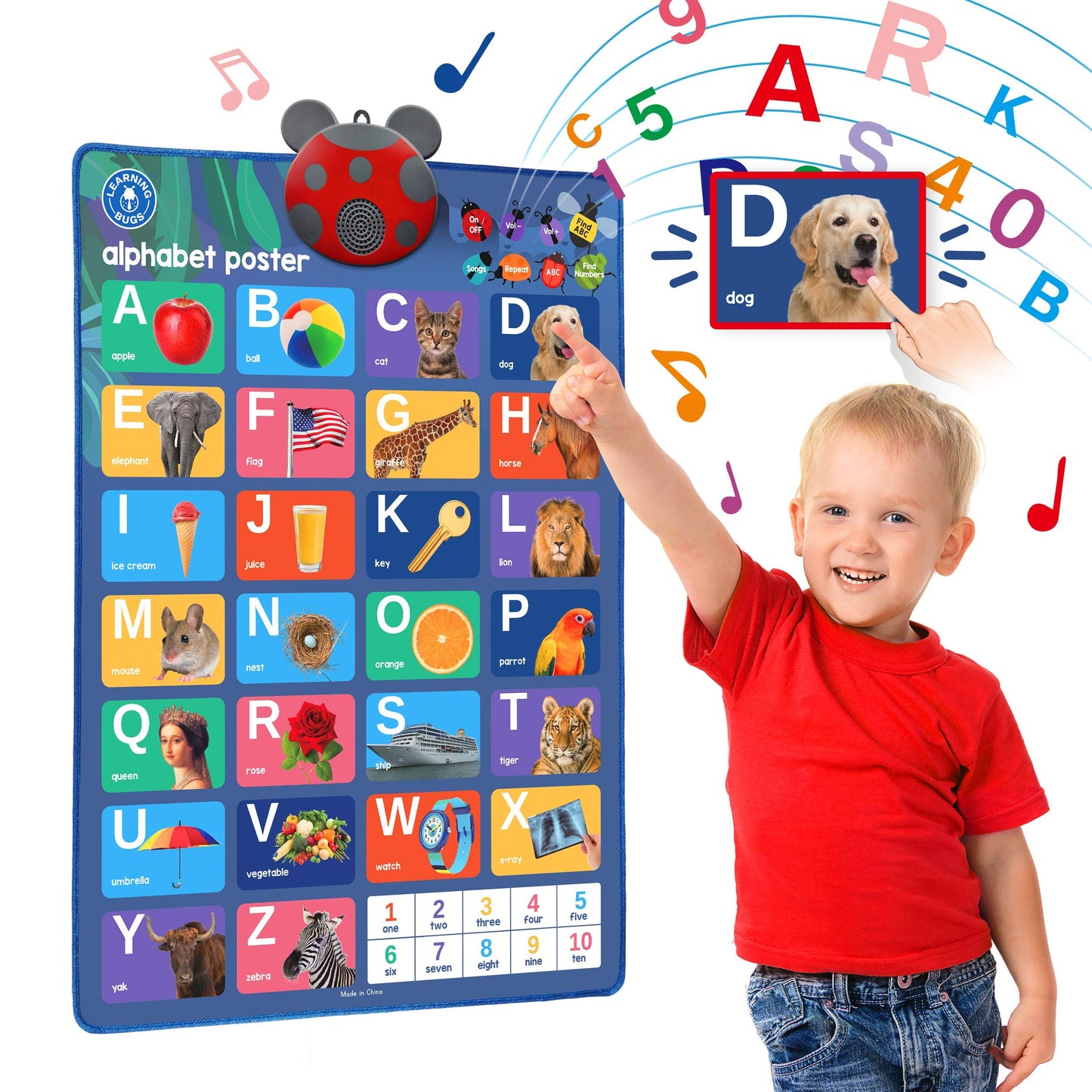 LEARNING BUGS Interactive ABC & 123s Talking Poster – Musical Wall Chart for Toddlers