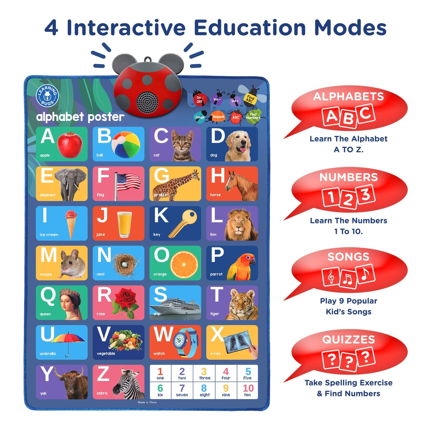 LEARNING BUGS Interactive ABC & 123s Talking Poster – Musical Wall Chart for Toddlers