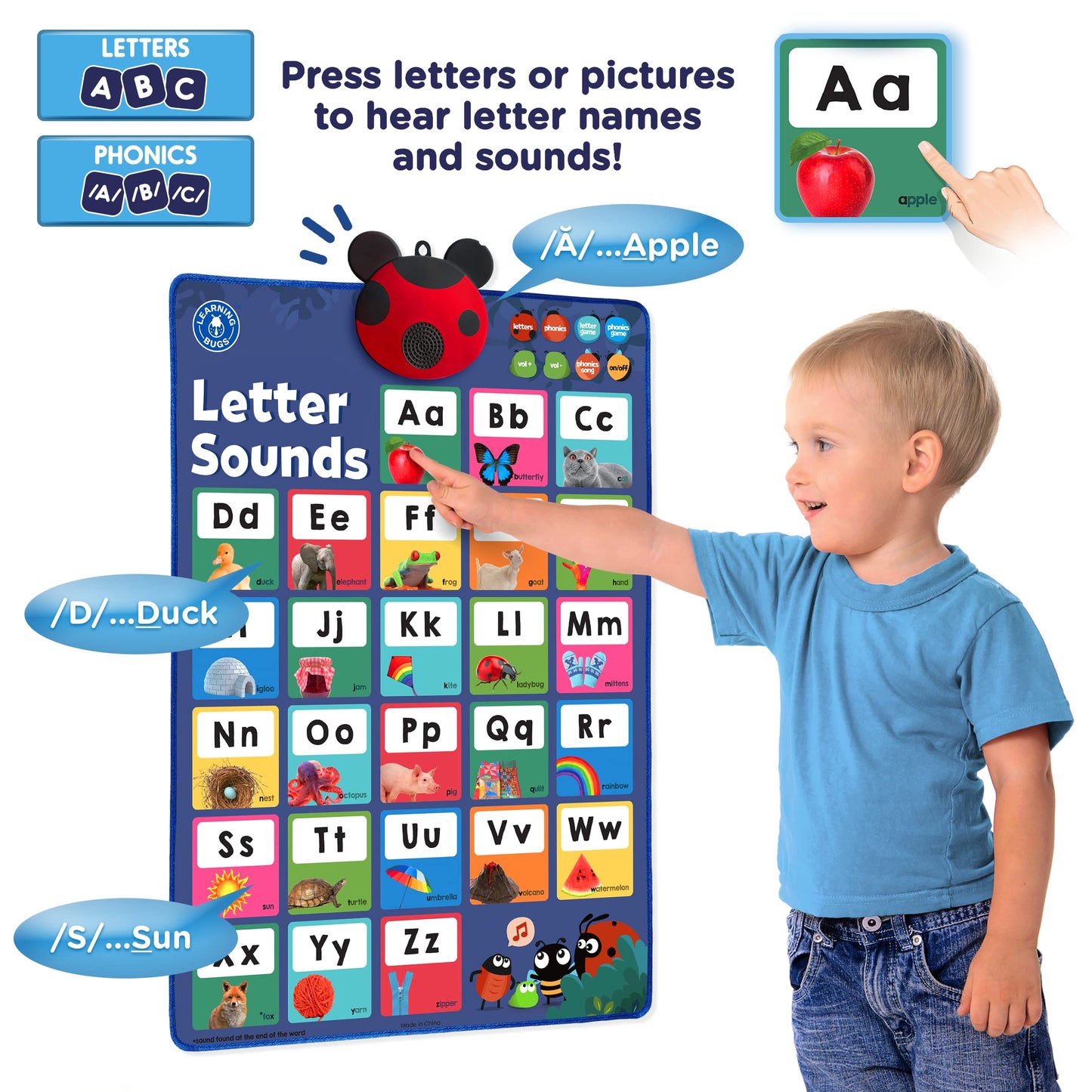 LEARNING BUGS Press to Learn Phonics Poster – Interactive Letters & Sounds for Preschool & Kindergarten