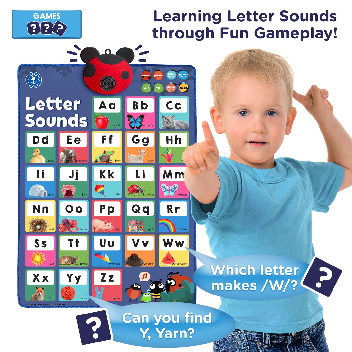 LEARNING BUGS Press to Learn Phonics Poster – Interactive Letters & Sounds for Preschool & Kindergarten