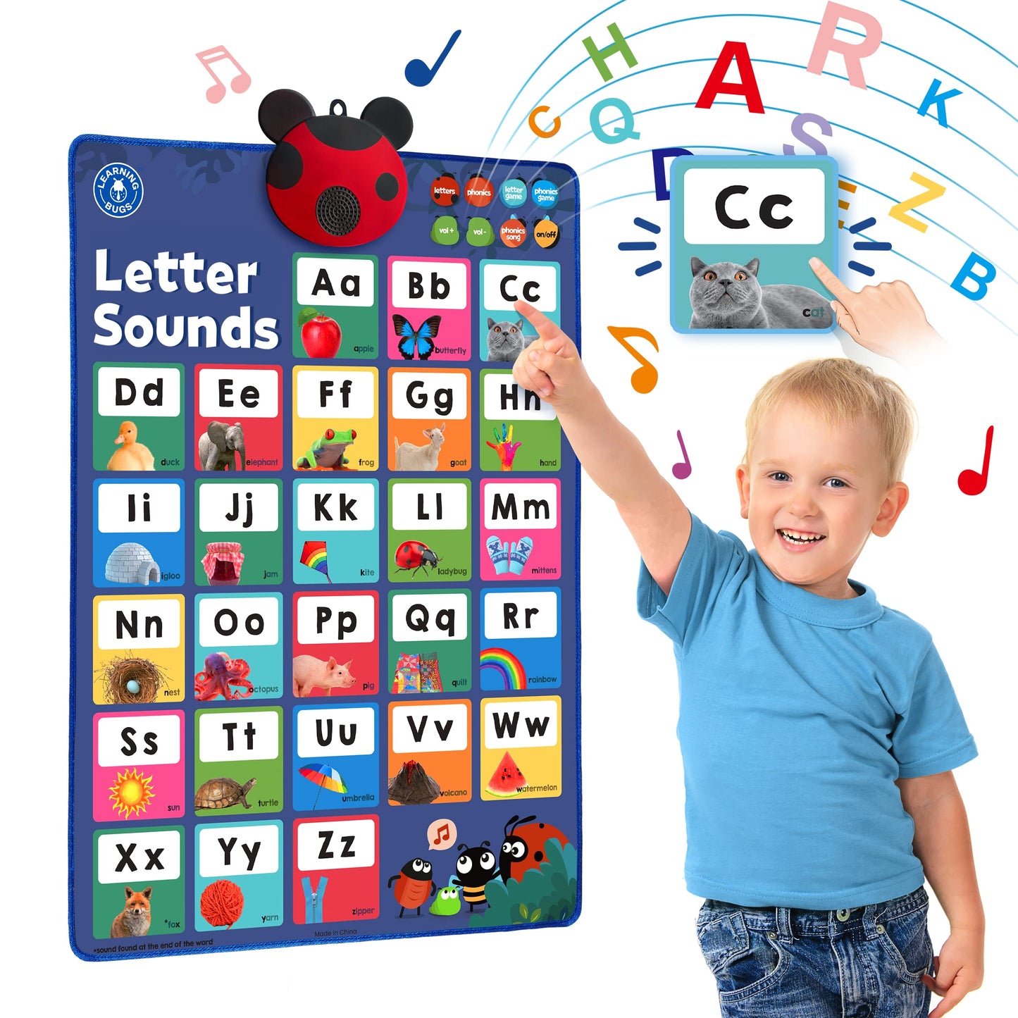LEARNING BUGS Press to Learn Phonics Poster – Interactive Letters & Sounds for Preschool & Kindergarten
