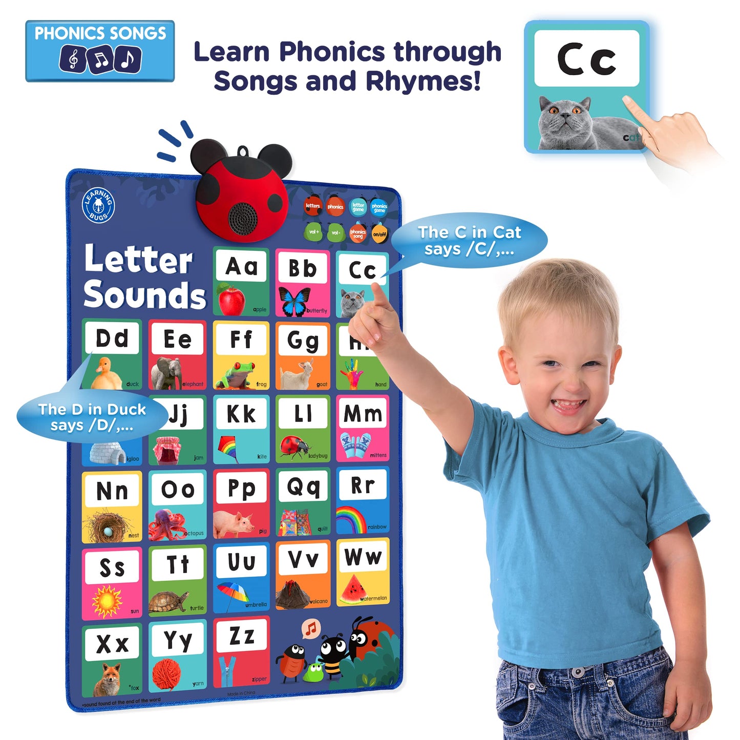 LEARNING BUGS Press to Learn Phonics Poster – Interactive Letters & Sounds for Preschool & Kindergarten