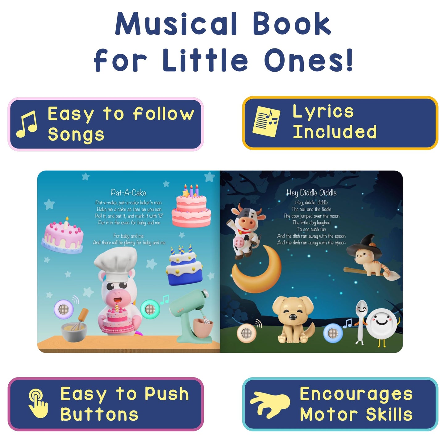 LEARNING BUGS Bedtime Songs – 13 Timeless Lullabies for Toddlers, 28-Button Musical Book, Kids’ Musical Toy