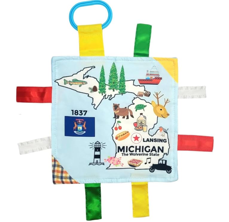 The Learning Lovey Michigan State Tag Stroller Toy — 8x8” Crinkle Sensory Baby Toy with BPA-Free Clip