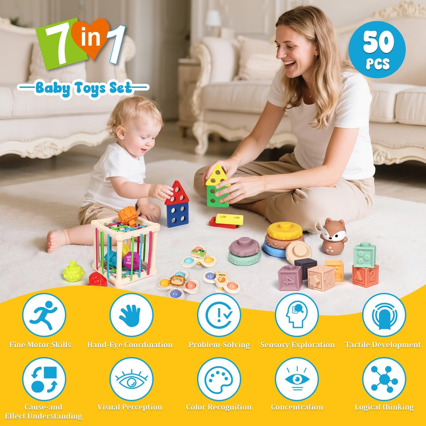 LearnToy Montessori 7-in-1 Activity Set for 18-36 Months — Stacking Blocks, Sensory Bin