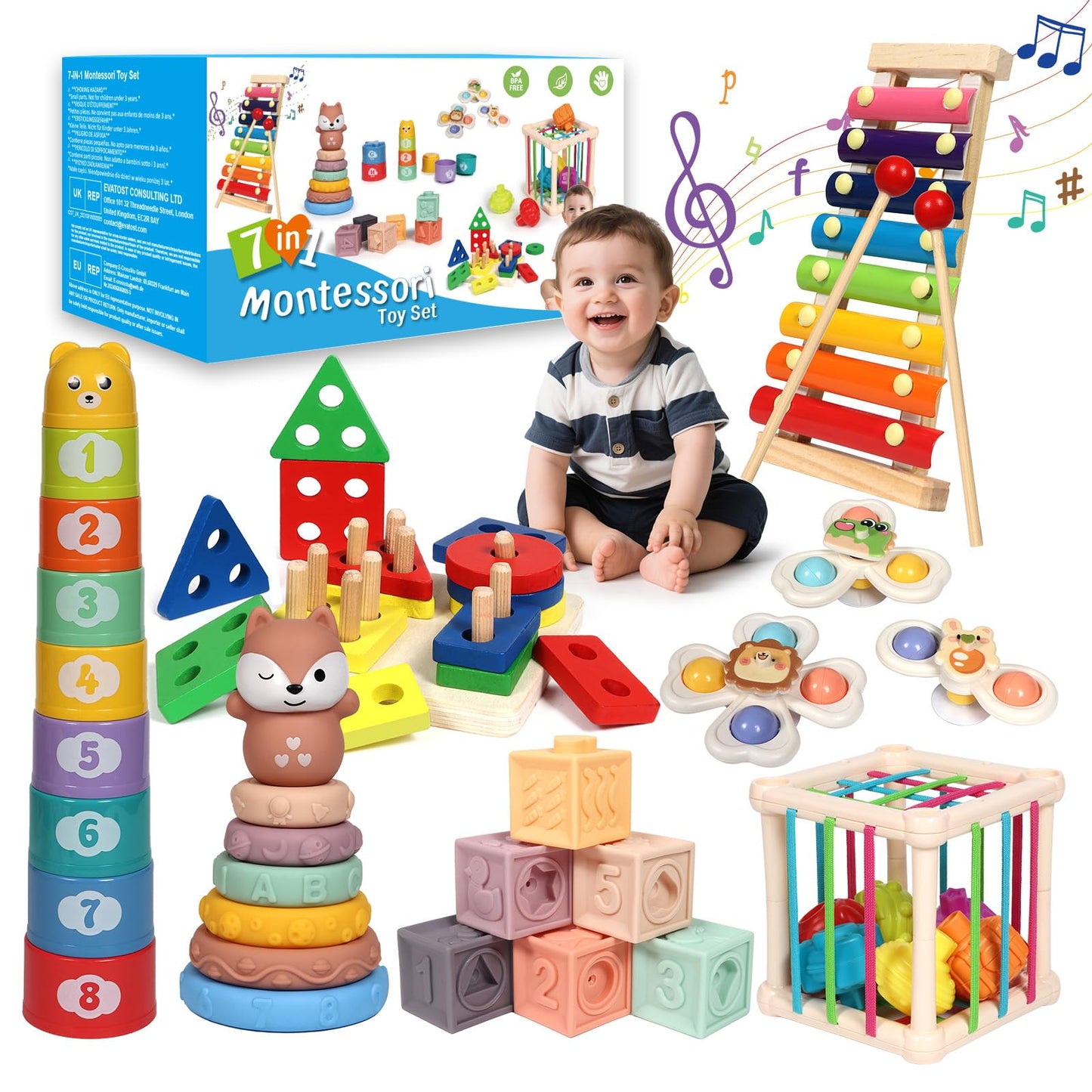 LearnToy Montessori 7-in-1 Activity Set for 18-36 Months — Stacking Blocks, Sensory Bin