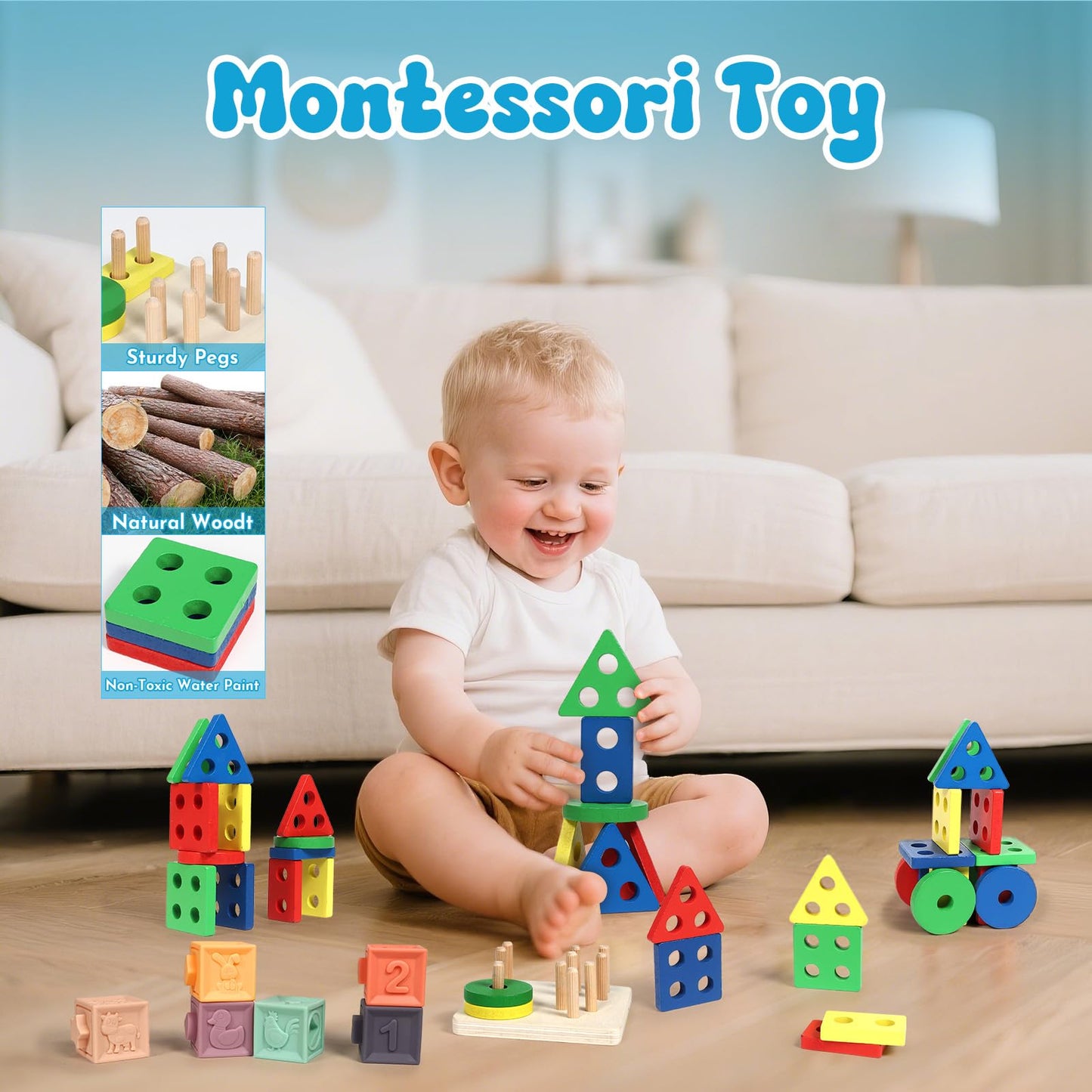 LearnToy Montessori 7-in-1 Activity Set for 18-36 Months — Stacking Blocks, Sensory Bin