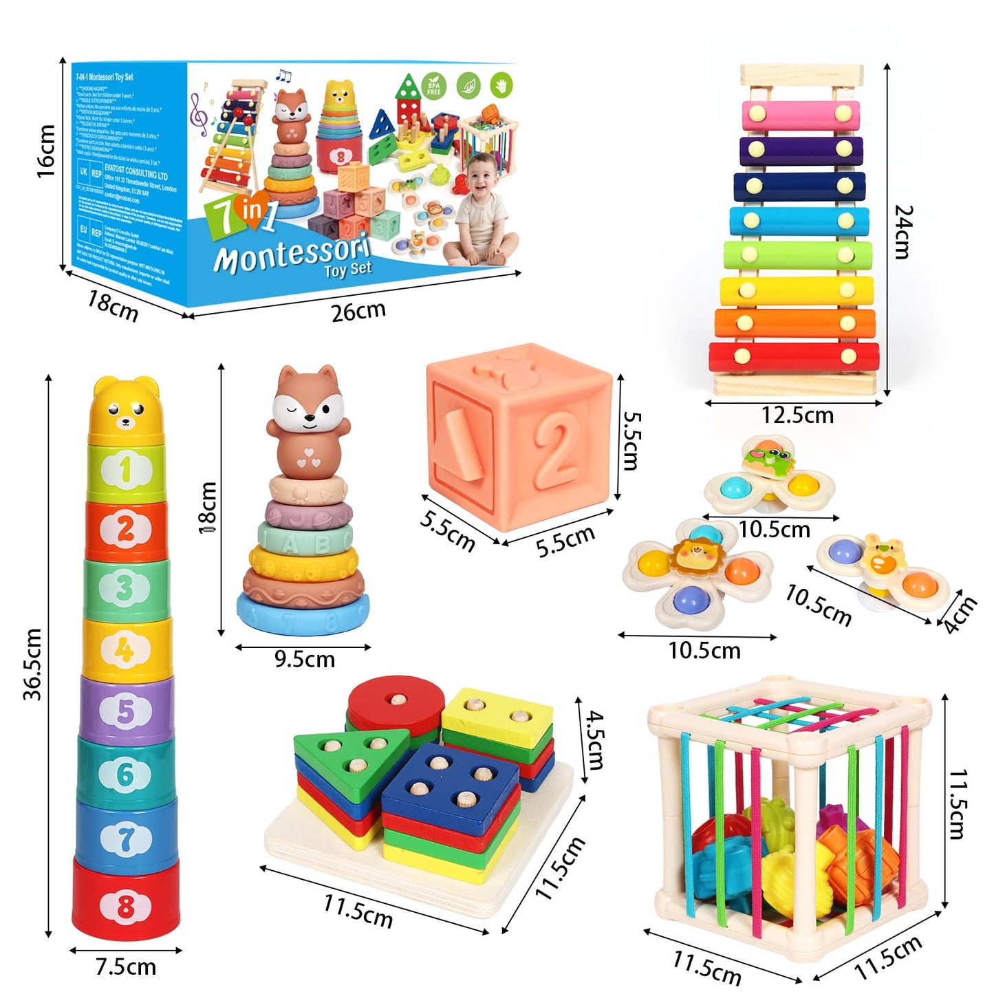 LearnToy Montessori 7-in-1 Activity Set for 18-36 Months — Stacking Blocks, Sensory Bin