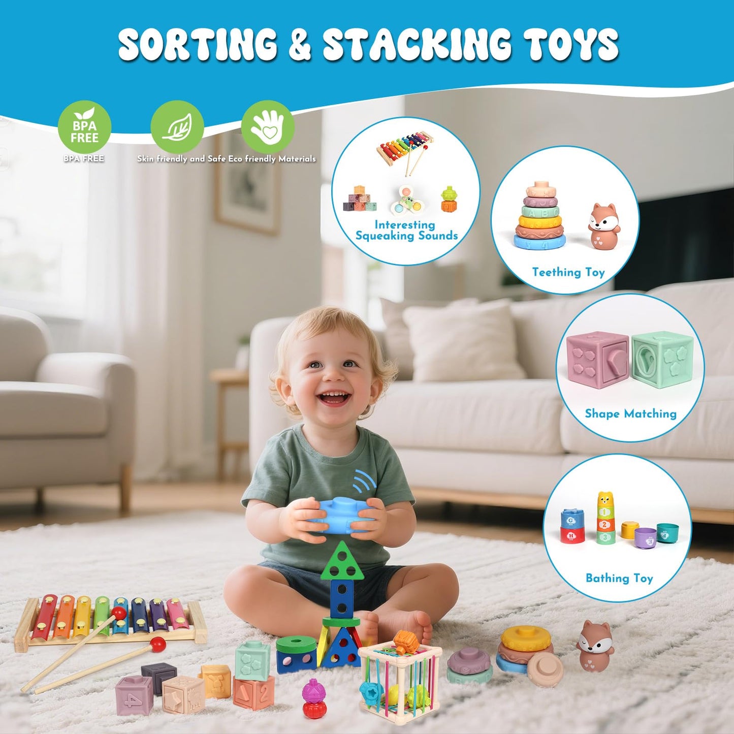 LearnToy Montessori 7-in-1 Activity Set for 18-36 Months — Stacking Blocks, Sensory Bin