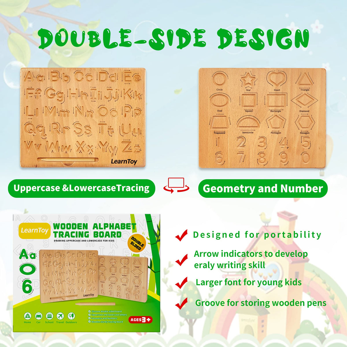 LearnToy Montessori Wooden Alphabet Tracing Board – Double-Sided Letters & Numbers for Preschool (3-5)