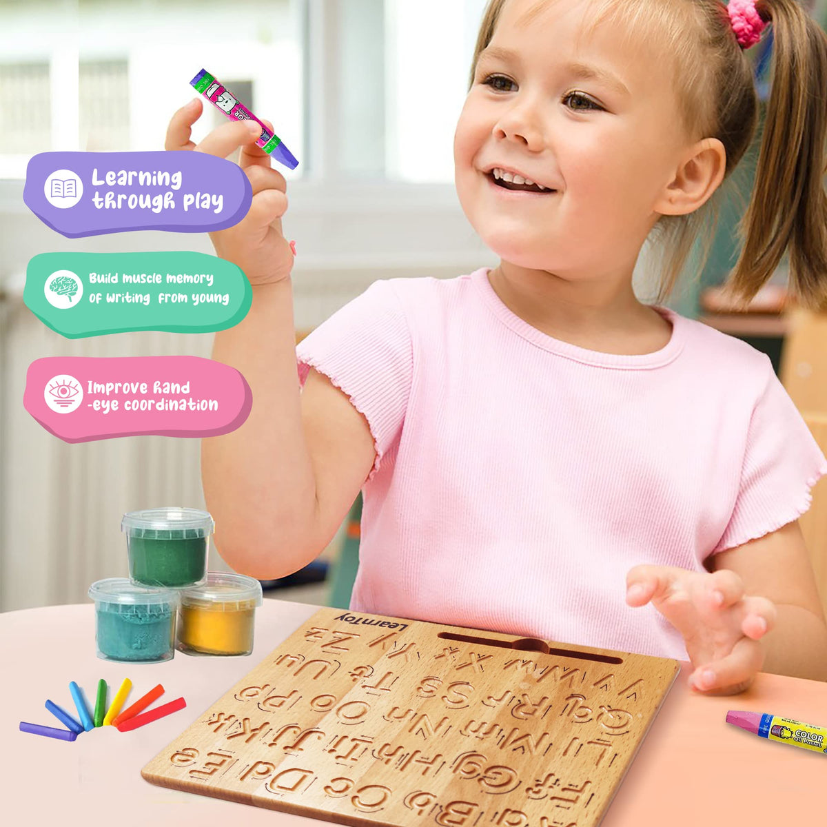 LearnToy Montessori Wooden Alphabet Tracing Board – Double-Sided Letters & Numbers for Preschool (3-5)