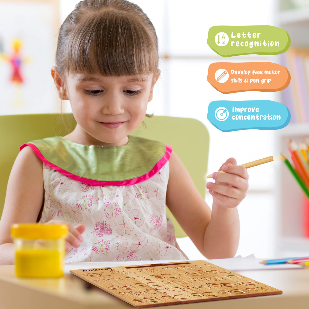 LearnToy Montessori Wooden Alphabet Tracing Board – Double-Sided Letters & Numbers for Preschool (3-5)