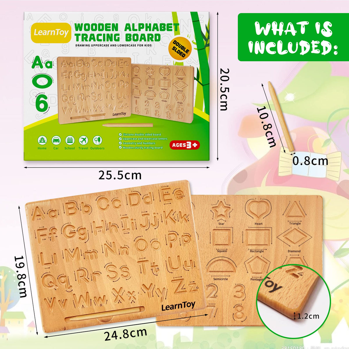 LearnToy Montessori Wooden Alphabet Tracing Board – Double-Sided Letters & Numbers for Preschool (3-5)