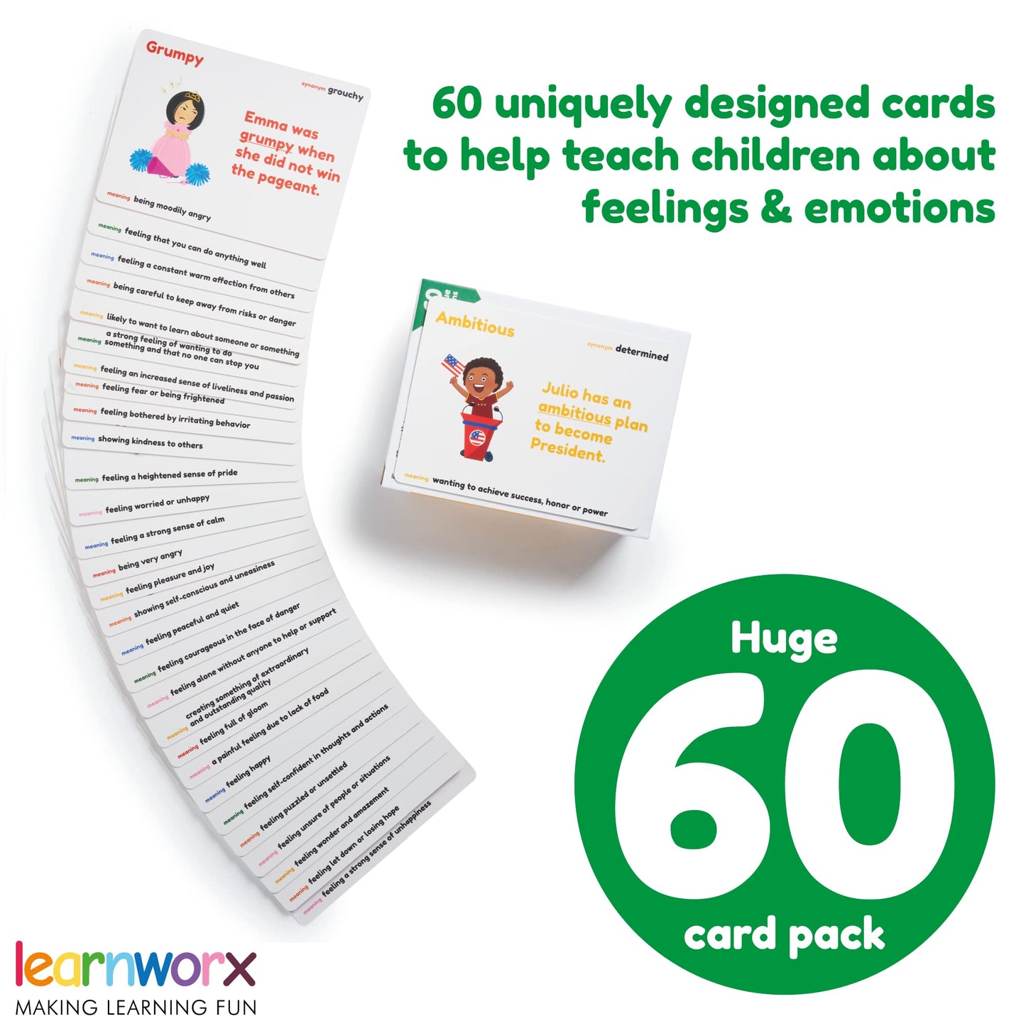 Learnworx Emotion Cards for Kids - 60 Mixed Emotions & Feelings Flash Cards
