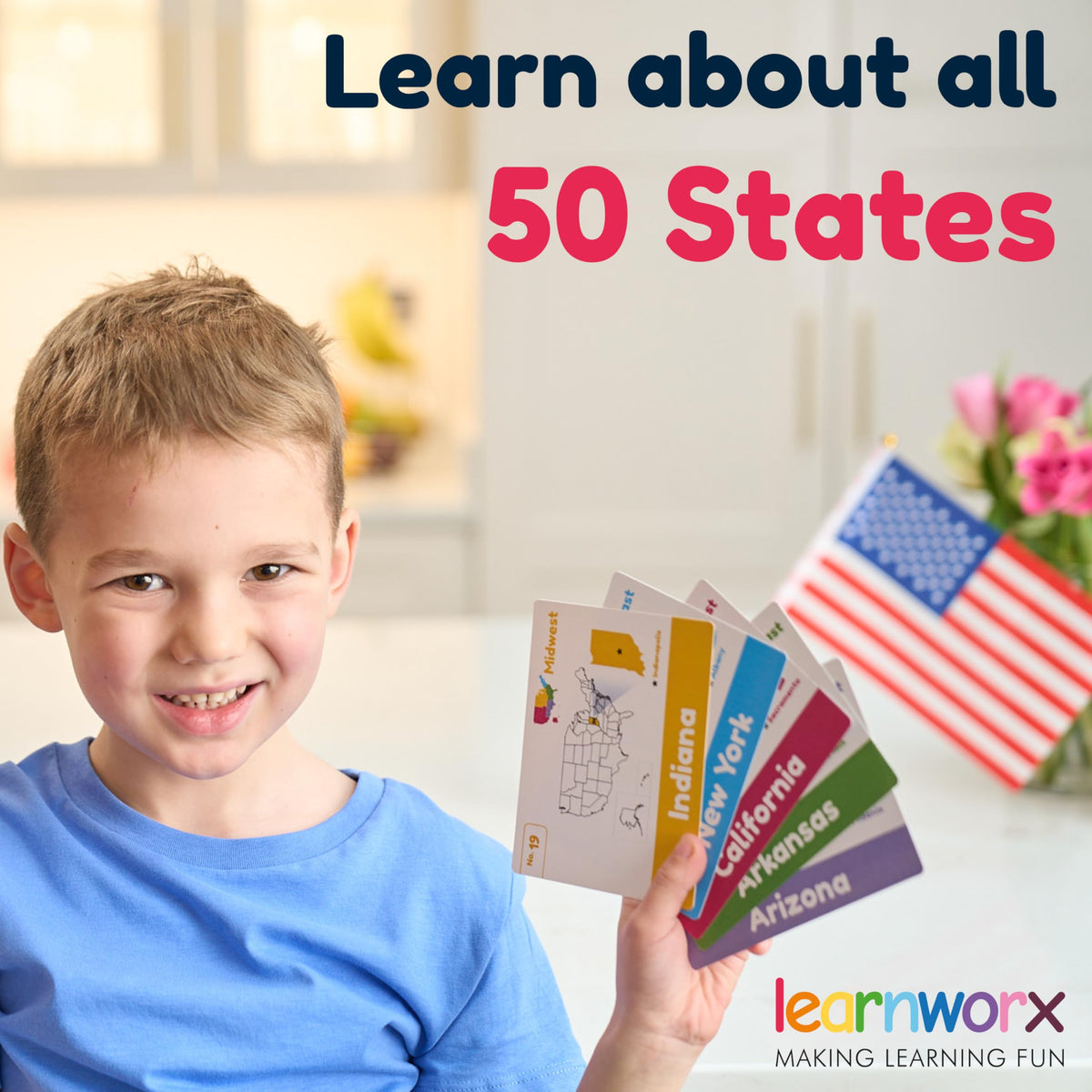 Learnworx U.S. States Flash Cards for Kids — 50 States with Capitals, Flags & More