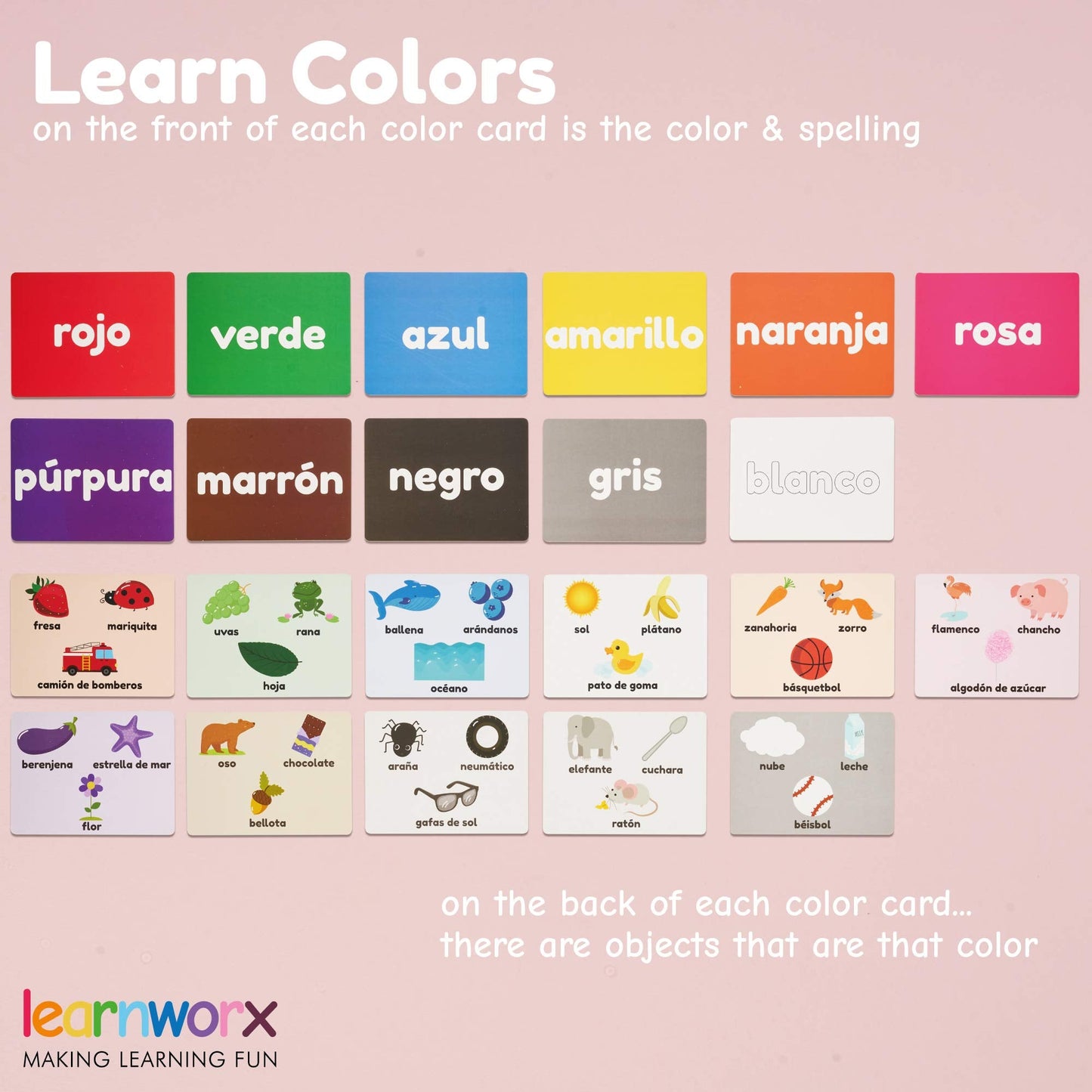 Learnworx Spanish Flash Cards for Kids & Toddlers – 101 Double-Sided Cards (202 Sides)