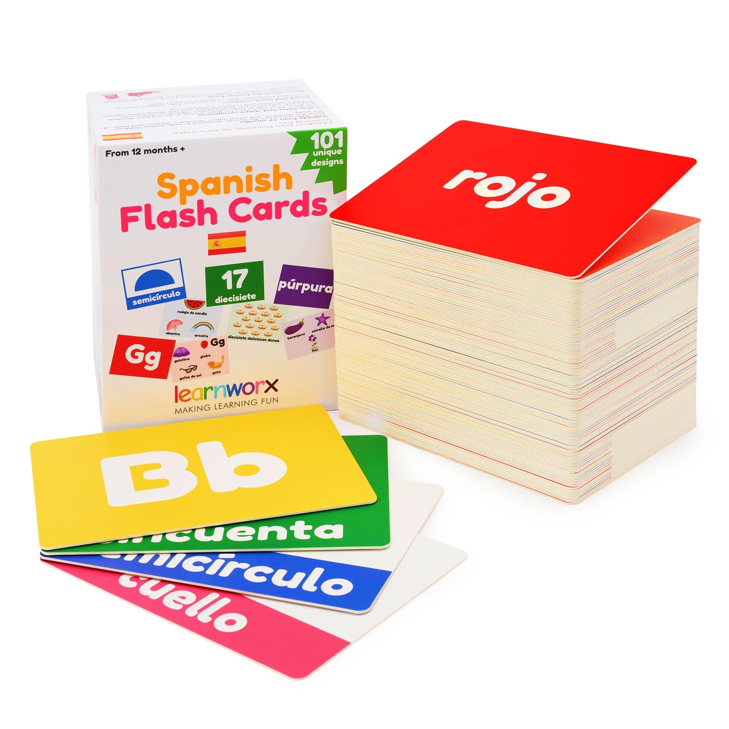 Learnworx Spanish Flash Cards for Kids & Toddlers – 101 Double-Sided Cards (202 Sides)