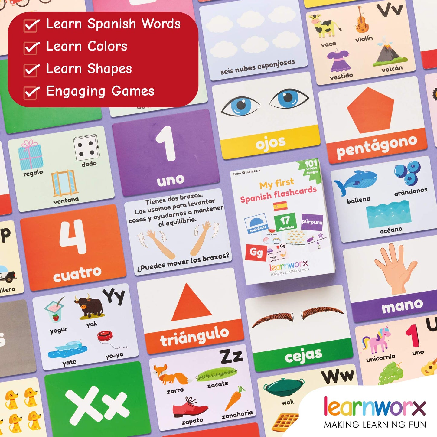 Learnworx Spanish Flash Cards for Kids & Toddlers – 101 Double-Sided Cards (202 Sides)