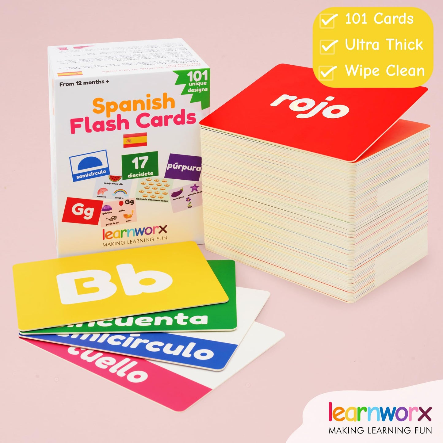 Learnworx Spanish Flash Cards for Kids & Toddlers – 101 Double-Sided Cards (202 Sides)