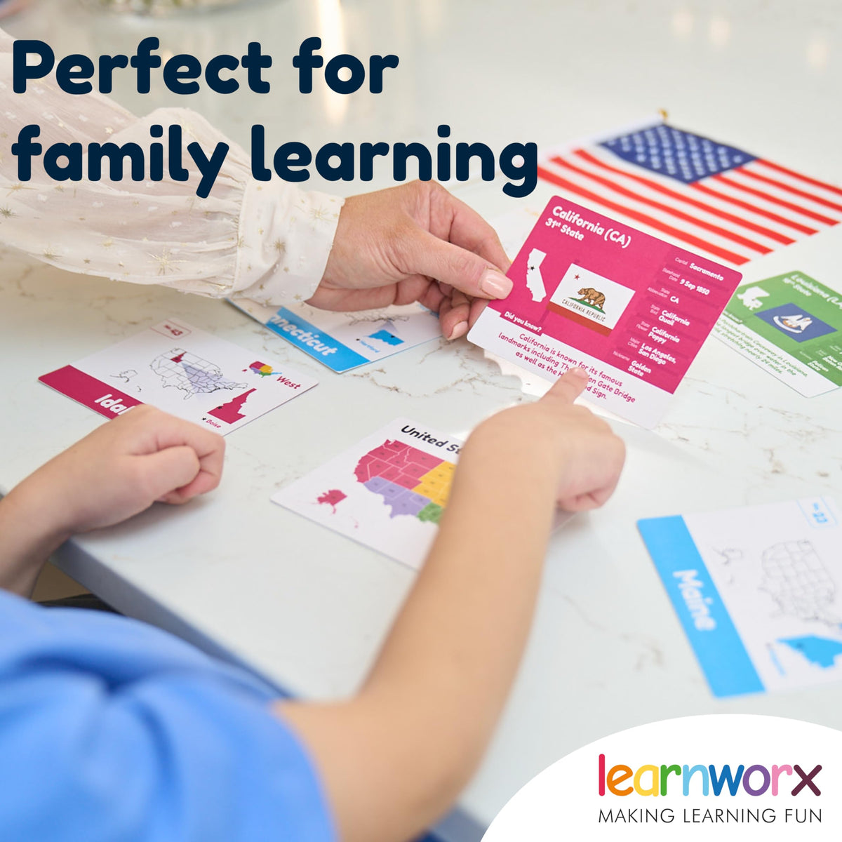 Learnworx U.S. States Flash Cards for Kids — 50 States with Capitals, Flags & More