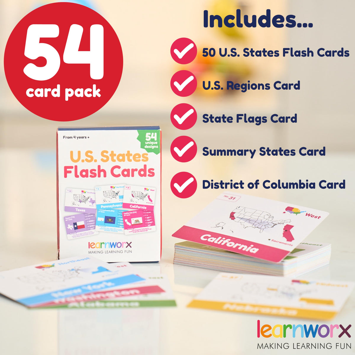Learnworx U.S. States Flash Cards for Kids — 50 States with Capitals, Flags & More