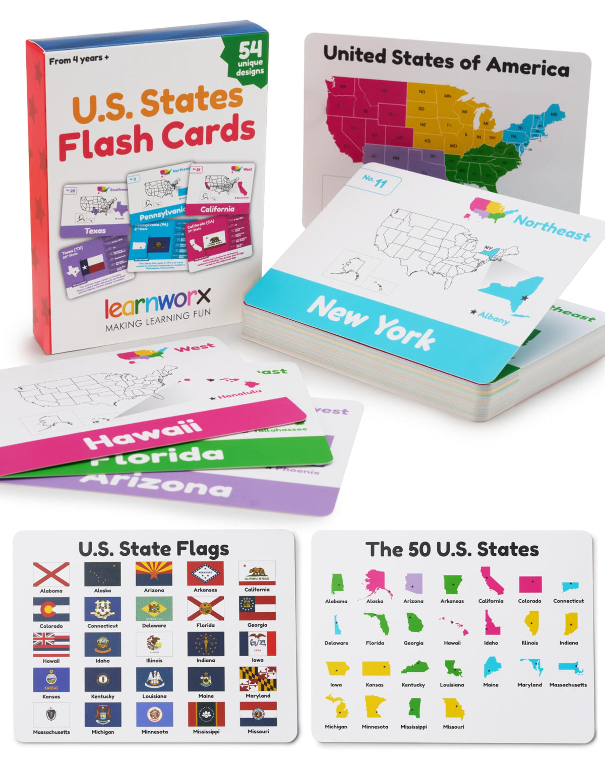 Learnworx U.S. States Flash Cards for Kids — 50 States with Capitals, Flags & More
