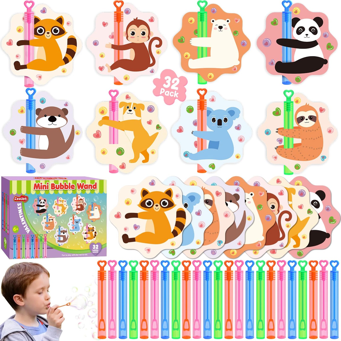 LEASEN 32-Pack Mini Bubble Wands with Greeting Cards – Animal Valentines for Kids