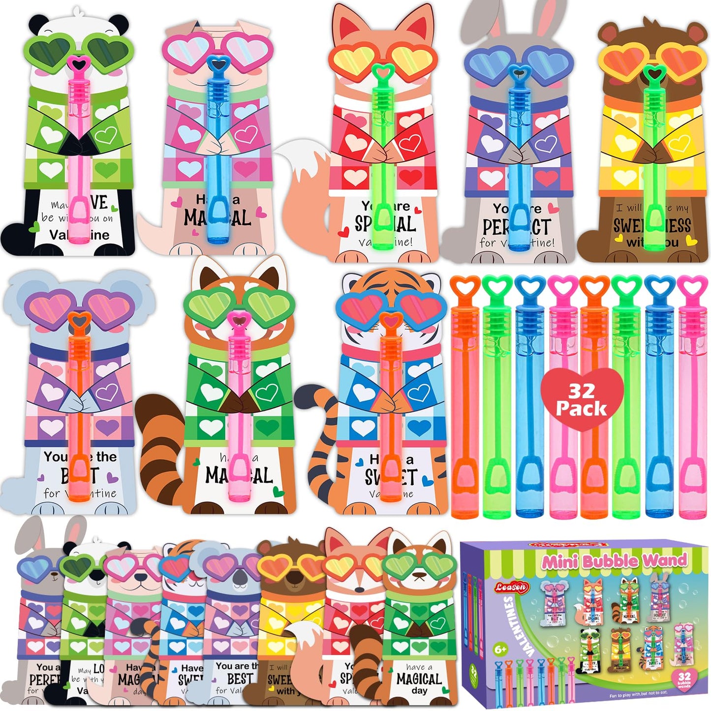 LEASEN 32-Pack Mini Bubble Wands & Valentine Animal Cards – Classroom Party Favors