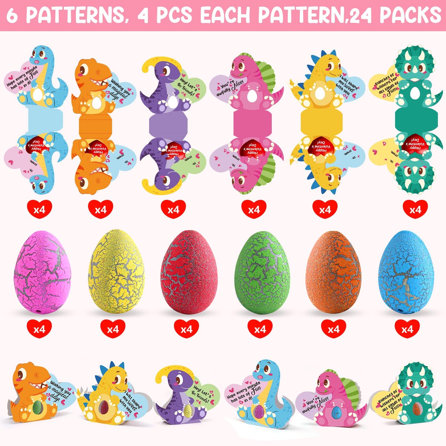 LEASEN 24-Pack Valentines Day Gifts for Kids - Dinosaur Egg and 3D Card Set
