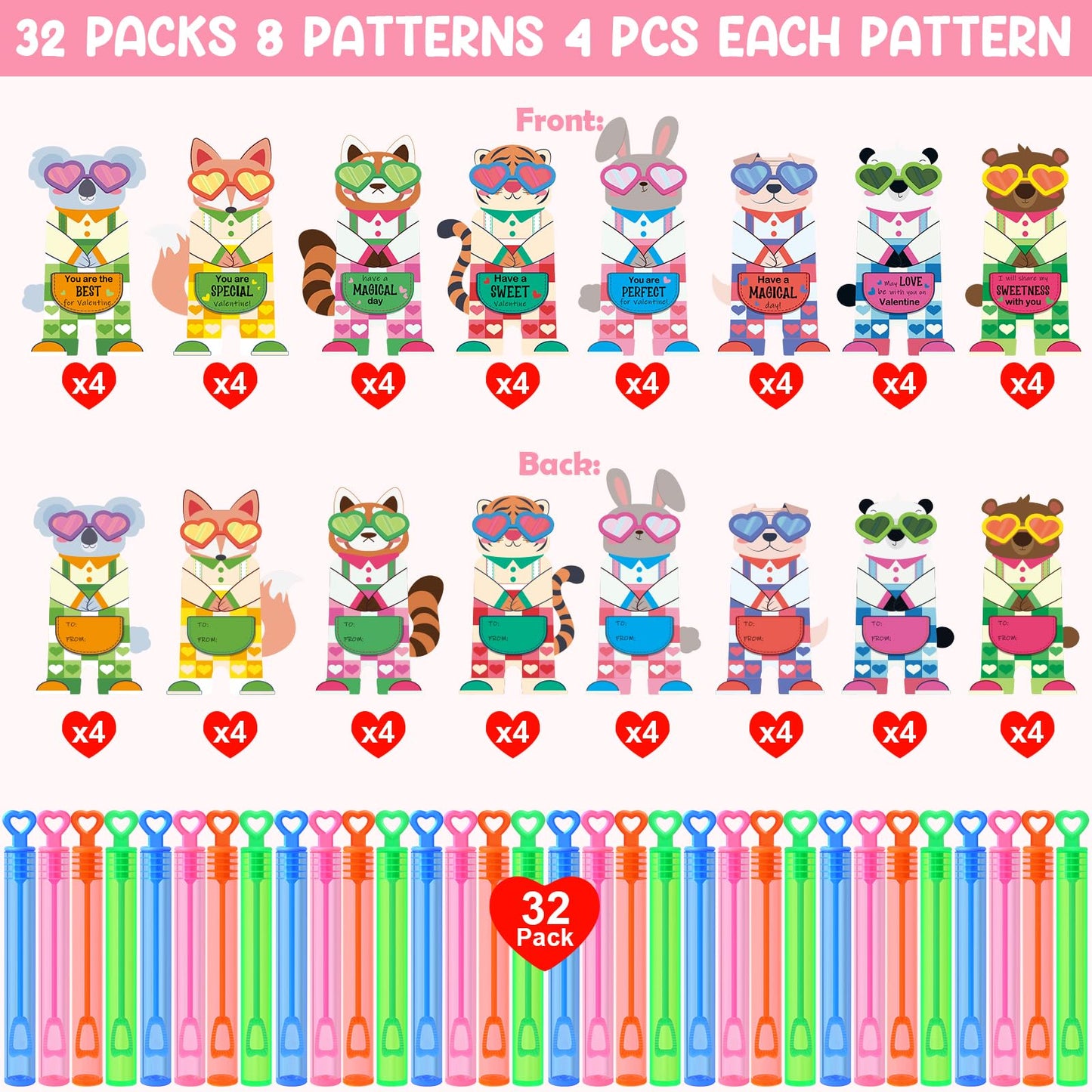 LEASEN Valentines Day Gifts for Kids – 32 Mini Bubble Wands with Animal Cards