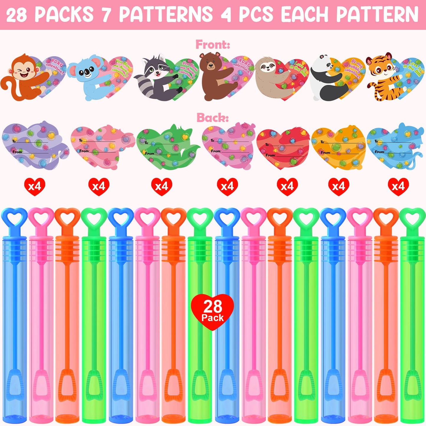 LEASEN Valentines Day Gifts for Kids – 28 Mini Bubble Wands & Animal Cards Gift Set
