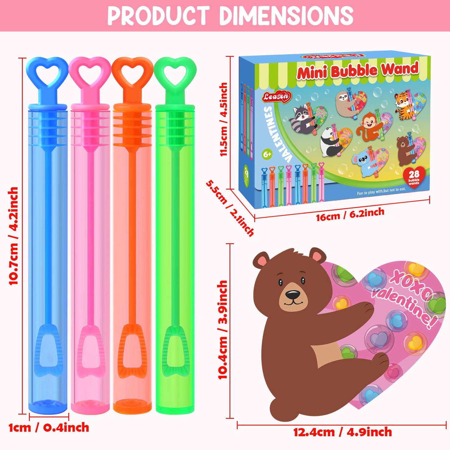 LEASEN Valentines Day Gifts for Kids – 28 Mini Bubble Wands & Animal Cards Gift Set
