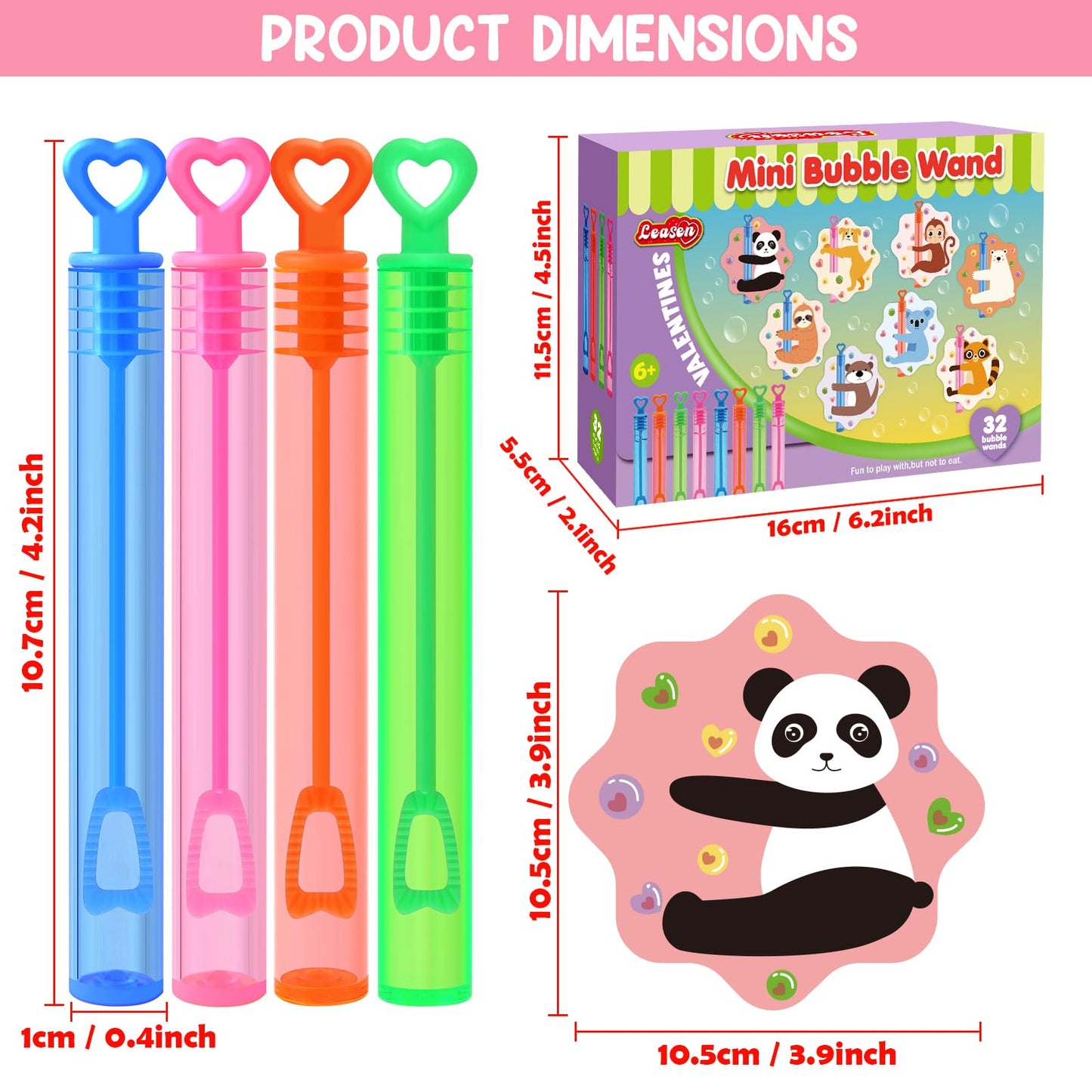 LEASEN 32-Pack Mini Bubble Wands with Greeting Cards – Animal Valentines for Kids