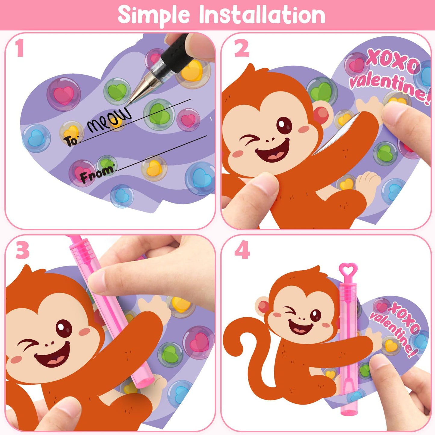 LEASEN Valentines Day Gifts for Kids – 28 Mini Bubble Wands & Animal Cards Gift Set
