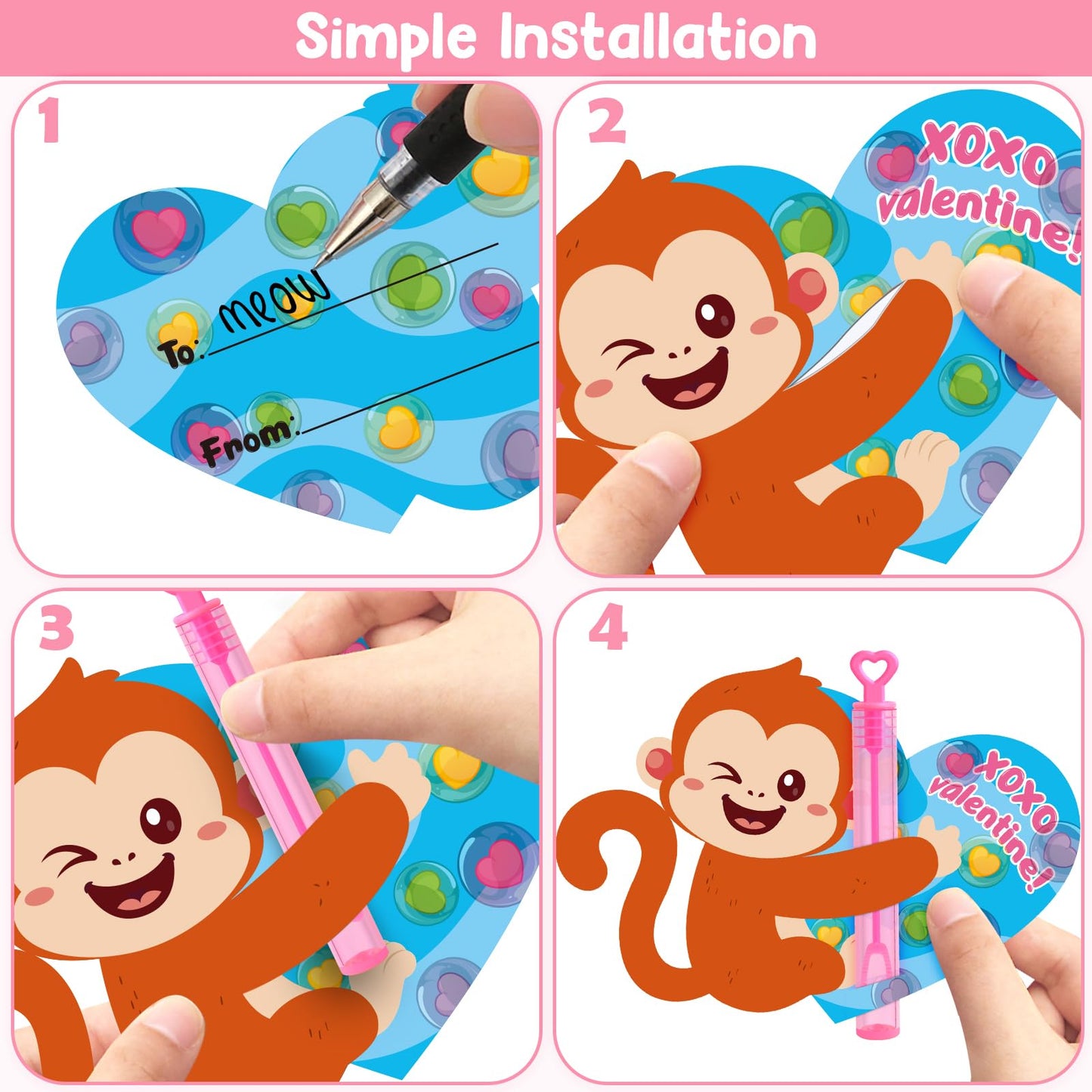 LEASEN Valentines Bubble Wands with Animal Cards — 28 Pack for Kids
