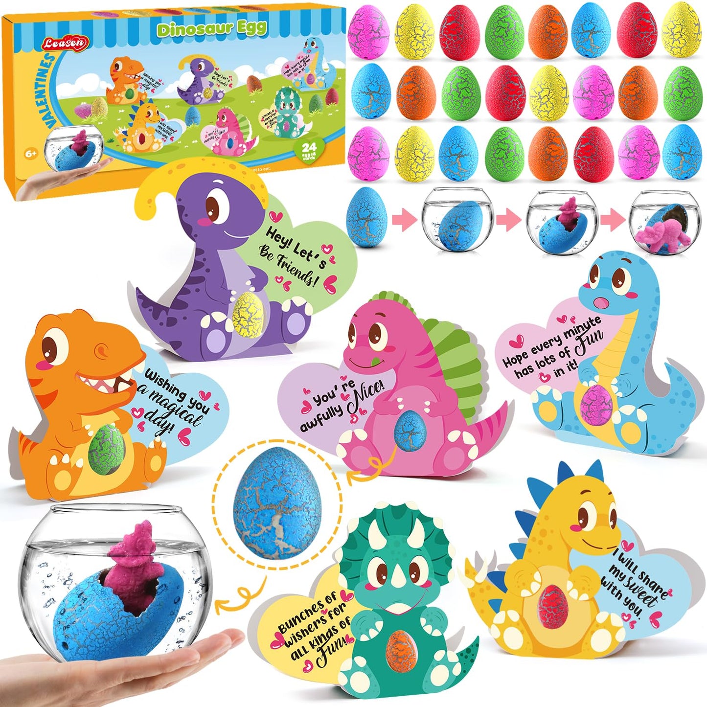LEASEN 24-Pack Valentines Day Gifts for Kids - Dinosaur Egg and 3D Card Set