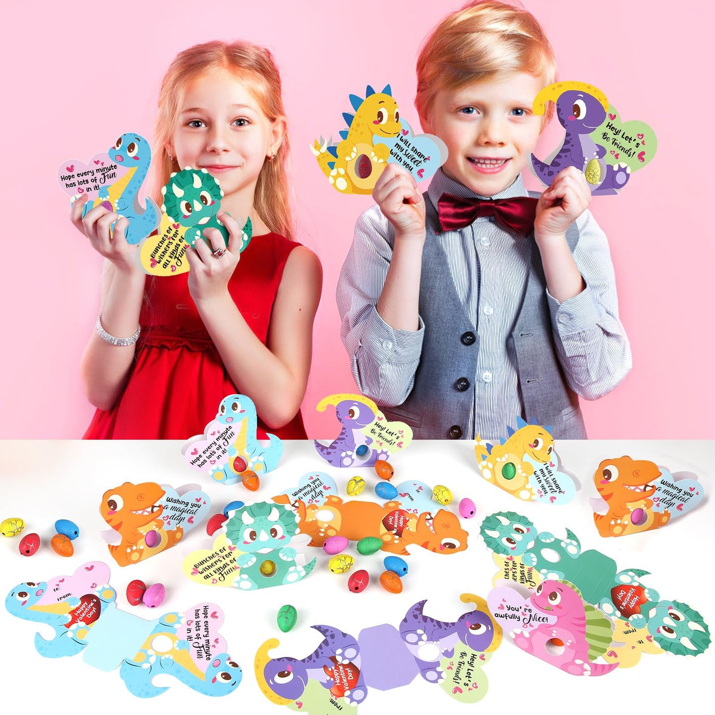 LEASEN 24-Pack Valentines Day Gifts for Kids - Dinosaur Egg and 3D Card Set