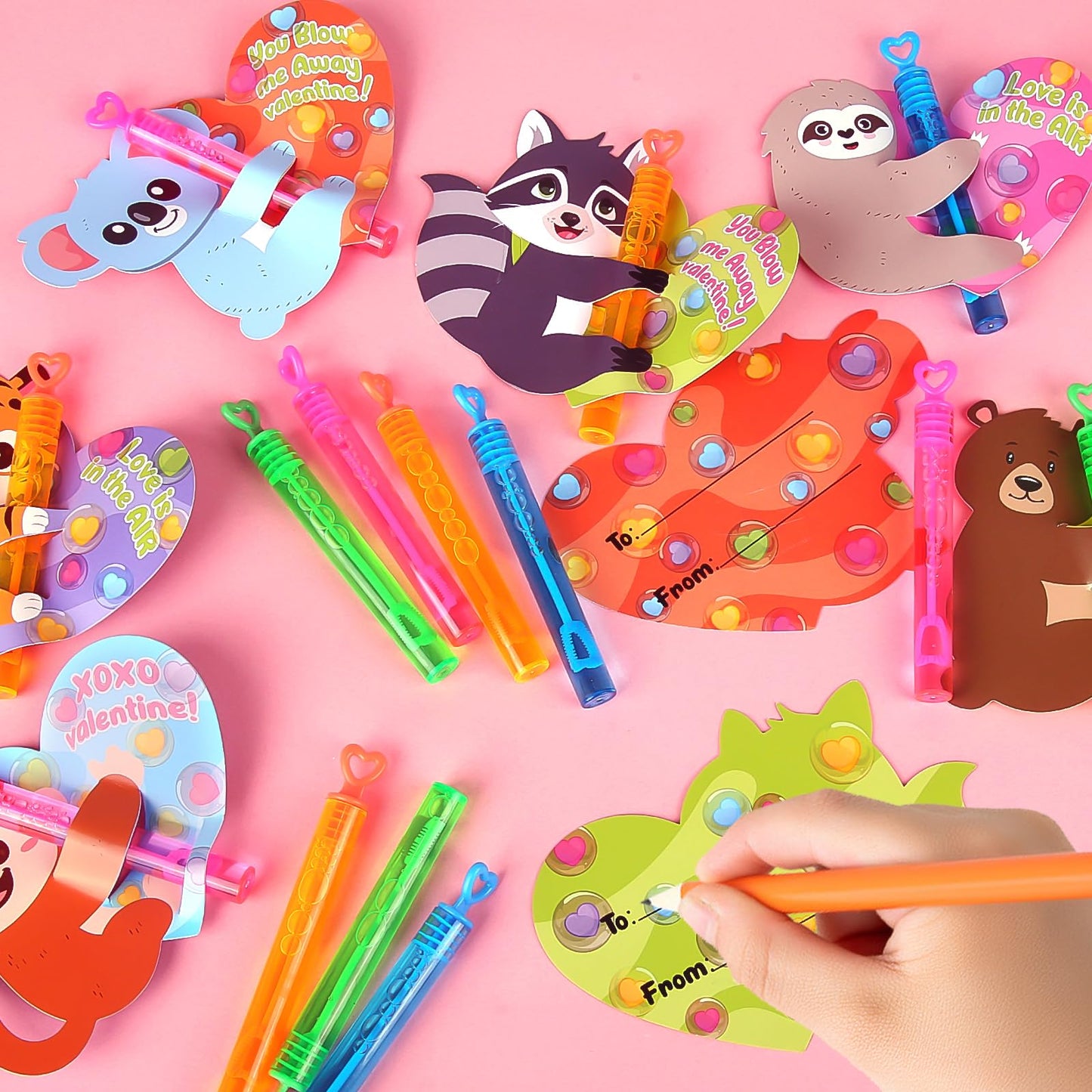 LEASEN Valentines Bubble Wands with Animal Cards — 28 Pack for Kids
