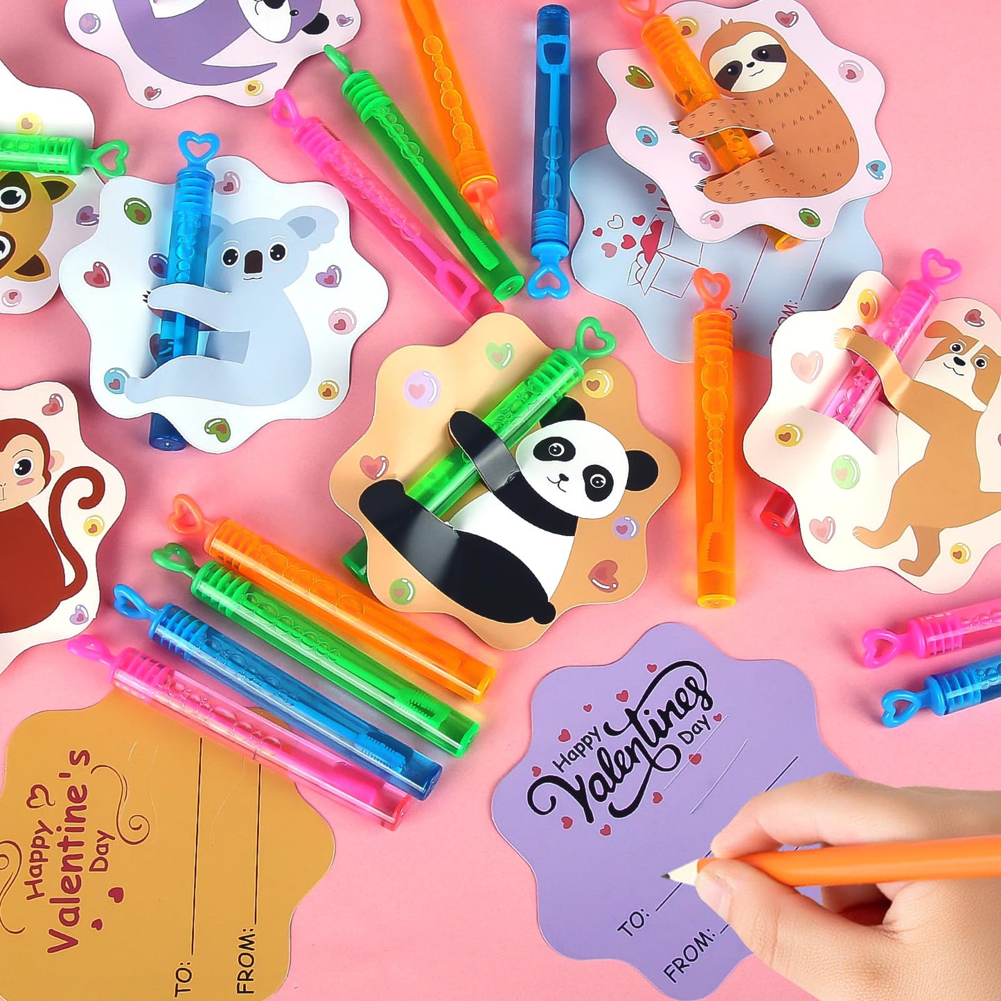 LEASEN Valentines Day Gifts for Kids: 32 Pack Mini Bubble Wands with Animal Cards for Classroom Exchanges