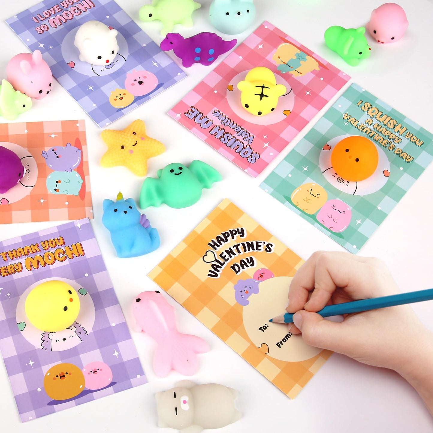 LEASEN 28-Pack Valentines Day Gifts for Kids – Mochi Squishies & Cards Set | Classroom Party Favors