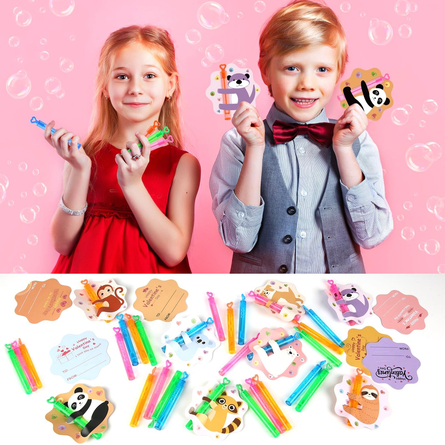 LEASEN Valentines Day Gifts for Kids: 32 Pack Mini Bubble Wands with Animal Cards for Classroom Exchanges