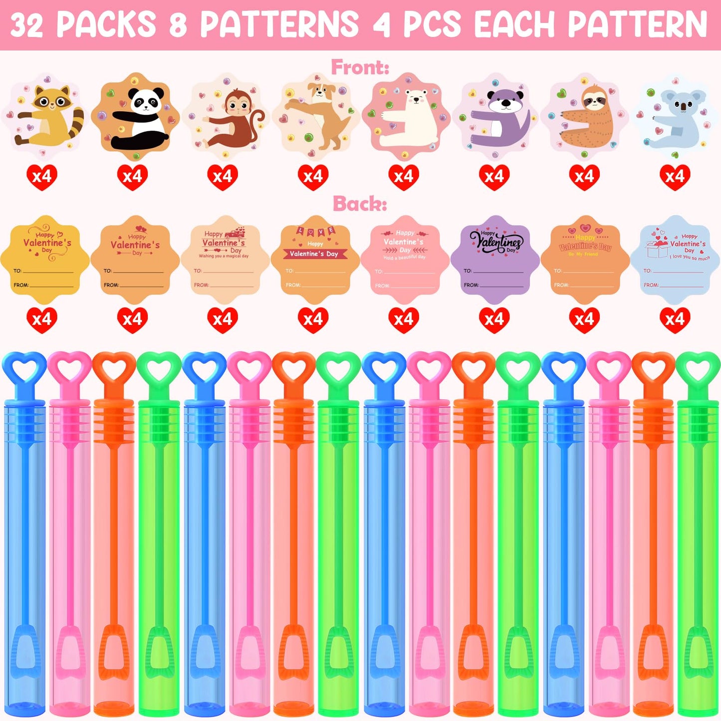 LEASEN Valentines Day Gifts for Kids: 32 Pack Mini Bubble Wands with Animal Cards for Classroom Exchanges