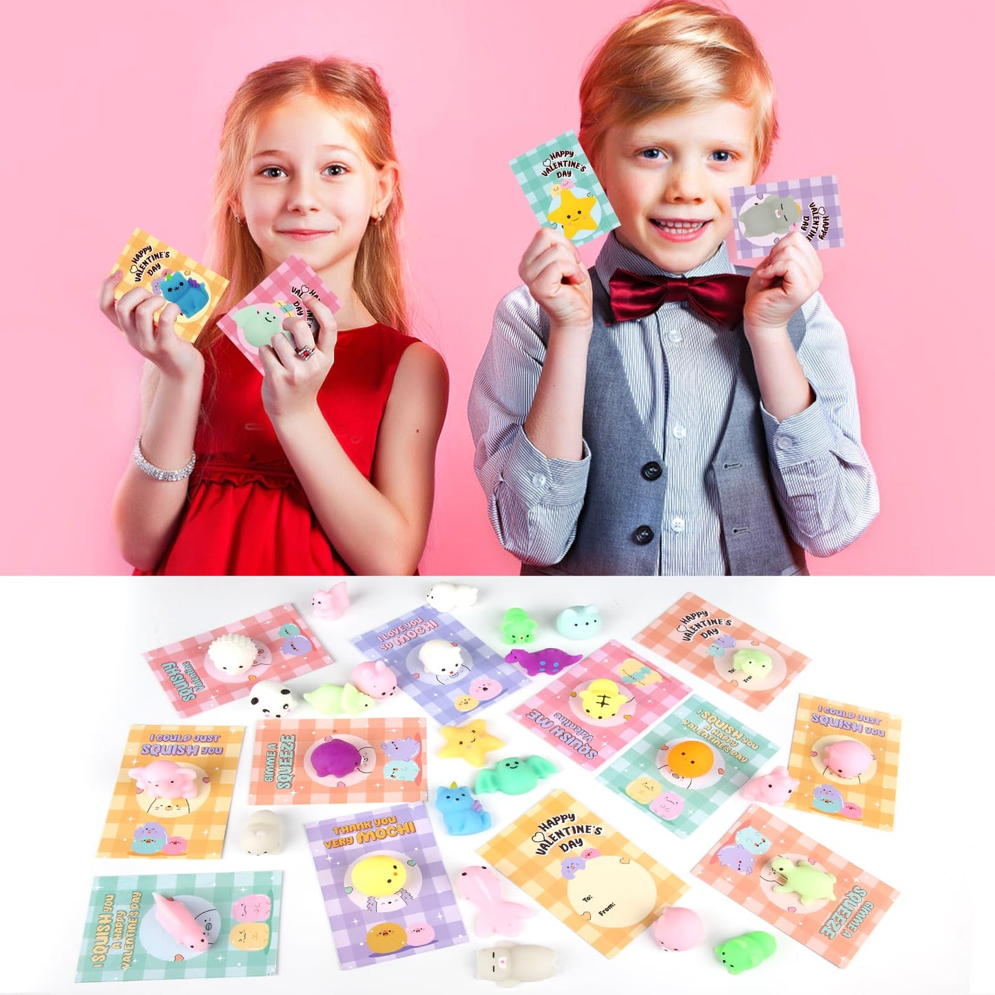 LEASEN 28-Pack Valentines Day Gifts for Kids – Mochi Squishies & Cards Set | Classroom Party Favors
