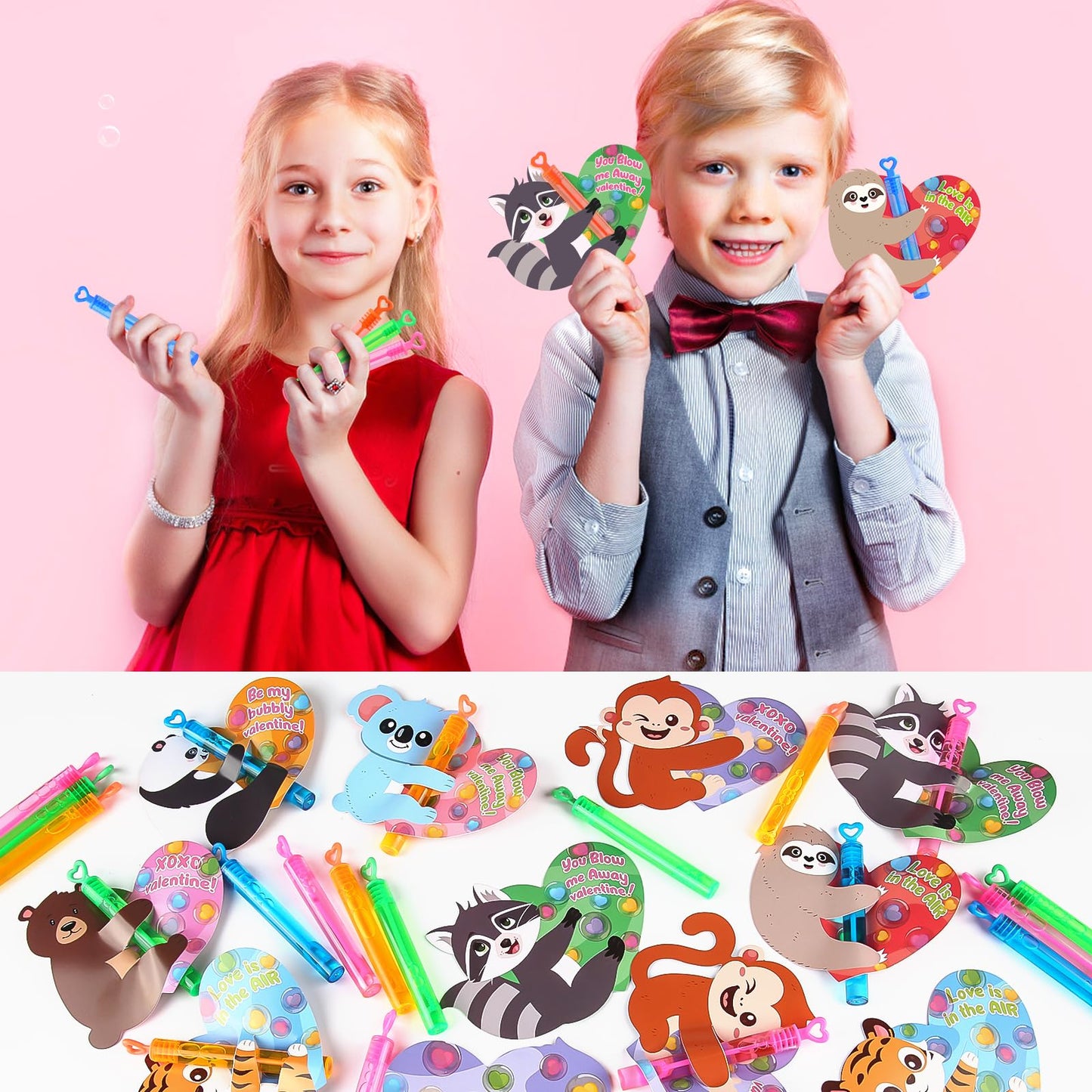 LEASEN Valentines Day Gifts for Kids – 28 Mini Bubble Wands & Animal Cards Gift Set