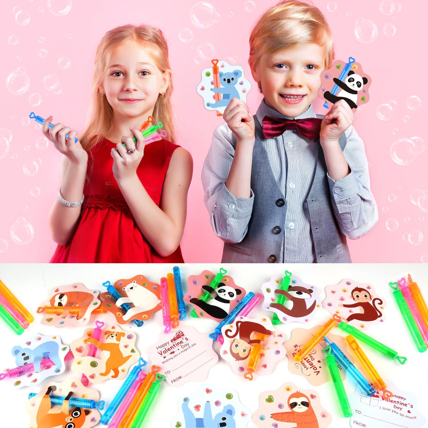 LEASEN 32-Pack Mini Bubble Wands with Greeting Cards – Animal Valentines for Kids
