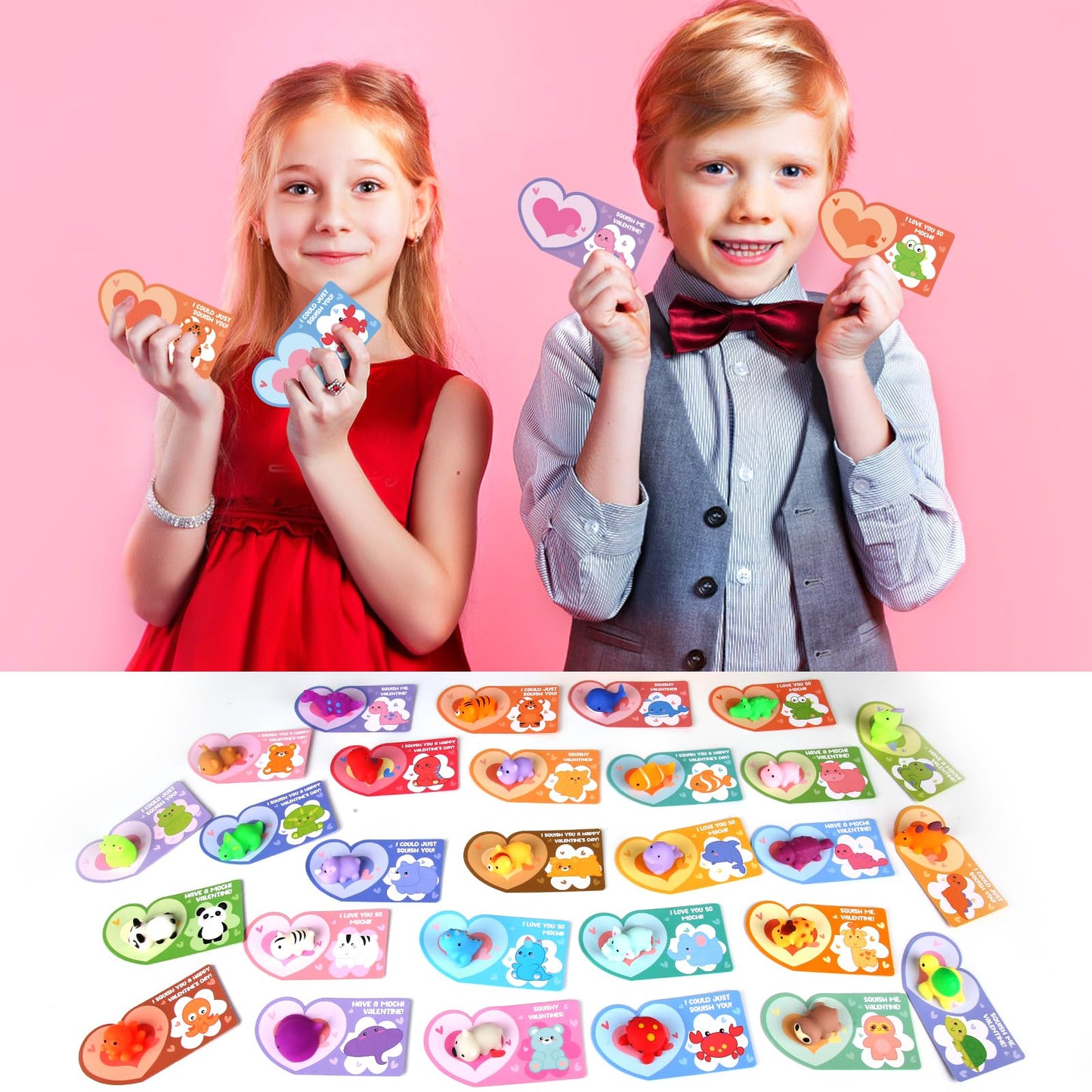 LEASEN 28-Pack Valentines Day Gifts for Kids: Mochi Squishies & Animal Greeting Cards